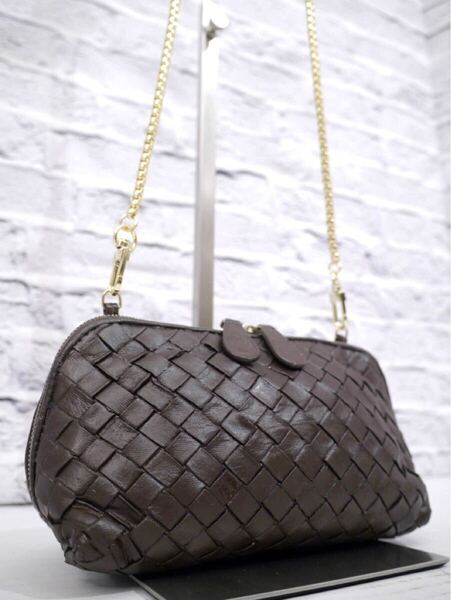 ◆BOTTEGA VENETA ボッテガヴェネタ イントレチャート クロスボディ レザー ショルダー ミニ バッグ ポーチ ポシェット 焦茶◆ 希少モデル