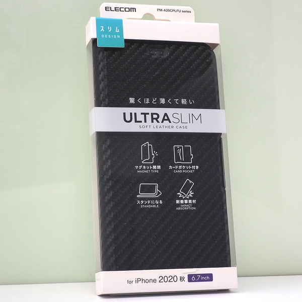 Apple iPhone 12 Pro Max (6.7インチ)用 薄型 軽量 手帳型ケース 磁石付 カーボン調ブラック 未使用品 iPhone12ProMaxケース