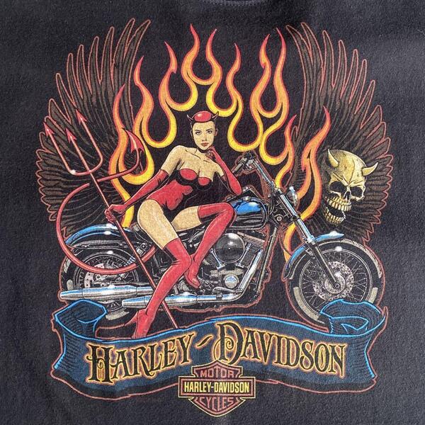 00s ビンテージ HARLEY DAVIDSON ハーレー ダビッドソン デビル ウーマン スカル ウイング フレイム ファイヤー Tシャツ L 黒 ブラック