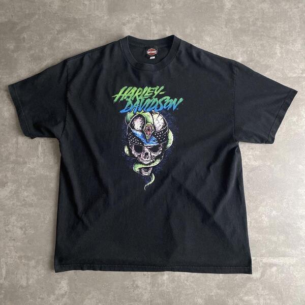 スペシャル 00s Y2K ビンテージ HARLEY DAVIDSON ハーレー ダビッドソン 2019 バンダナ スカル スネーク Tシャツ 黒 ブラック FITS LIKE XL