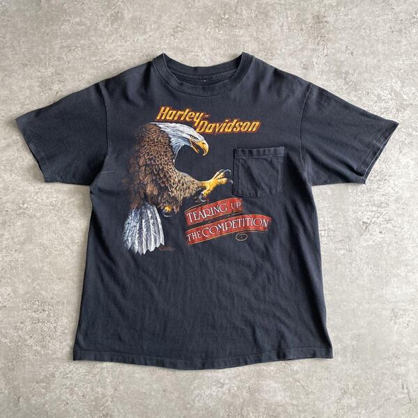 80s ビンテージ USA製 HARLEY DAVIDSON ハーレー ダビッドソン 両面 イーグル Tシャツ FOR BIKERS ONLY ポケット付き 黒 ブラック L-XL