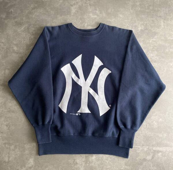 90s ビンテージ チャンピオン MLB NEW YORK YANKEES ニューヨーク ヤンキース リバースウィーブ スウェット デカロゴ L 紺 ネイビー