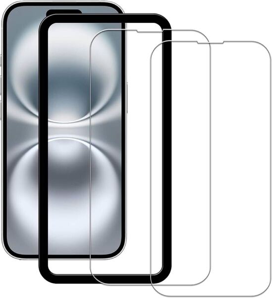 2312067☆ 【2枚セット】ガイド枠付き KPNS 日本素材製 強化ガラス iPhone 16e / iPhone 14 / iPhone13 / iPhone 13 Pro 用 保護フィルム