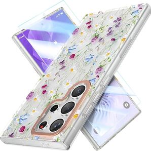 2316267☆ MILPROX Samsung Galaxy S24 Ultraケース 花柄 かわいい クリア 強化ガラスフィルム付き 耐衝撃 ソフト&軽量 耐久性