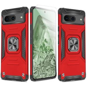 2307119☆ Pixel 8 ケース,Pixel8 スマホケース + Google8 化ガラス フィルム,リング スタンド機能 付き 携帯ケース 人気 耐衝撃(赤)