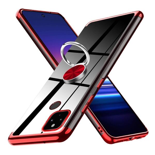 2307126☆ Pixel 5A 5G ケース リング クリア 耐衝撃 カバー 透明 TPU 軽量 薄型 ストラップホール付き 黄変防止 360°回転 車載 赤