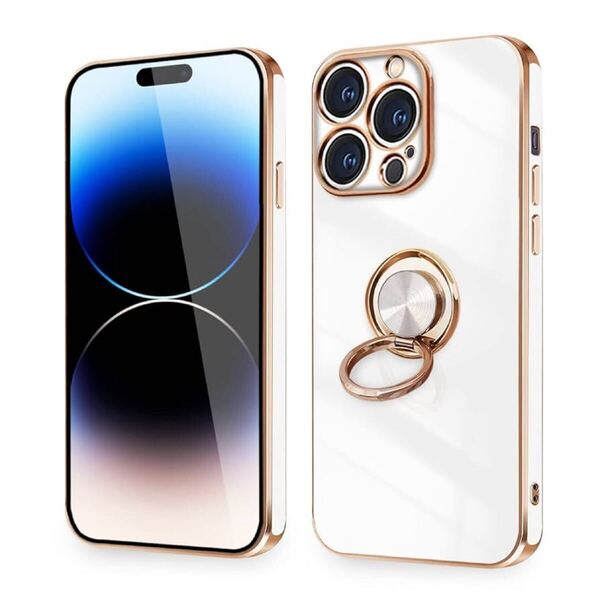 2313106☆ iPhone 14 Pro ケース リング付き 耐衝撃 アイフォン14 pro リング カバー 360°回転 スタンド機能 TPU 車載ホルダ (ホワイト)