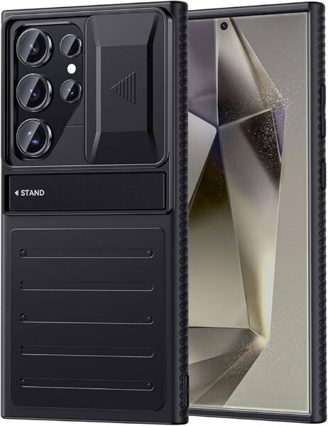 2314048☆ サムスンGalaxy S 24 ultra携帯ケース:超薄型携帯ケース、「頑丈なスタンド」「スライドカメラカバー」付きハードPC背面 (黒)
