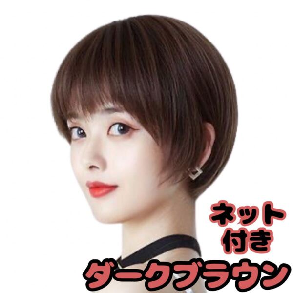 フルウィッグ ショート レイヤー ボブ ストレートレディース女性 ダークブラウン 自然 医療用 女装変装コスプレ 耐熱 ハンサムボーイッシュ