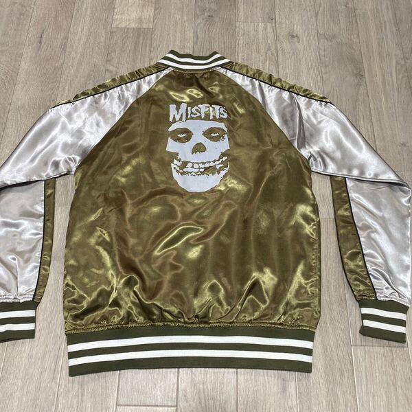MISFITS スカジャン風ジャンパー Mサイズ オリーブ×シルバー 中綿無し 送料無料 古着