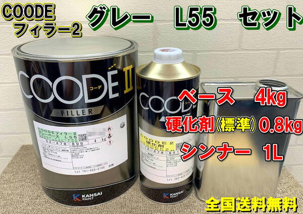 (在庫あり)関西ペイント コーデフィラー2 グレー L55 セット 硬化剤(標準) 0.8kg シンナー 1L 付き 自動車 鈑金 塗装 送料無料