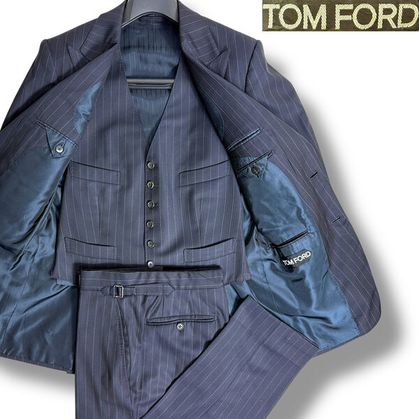 J7058 美品 トムフォード チョークストライプ3ピーススーツ ネイビー 46 TOM FORD