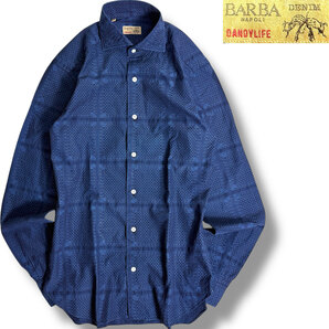 J7056 美品 バルバダンディライフ ペイズリー小紋柄 ワイドカラーシャツ ネイビー 38/15 BARBA DANDY LIFE