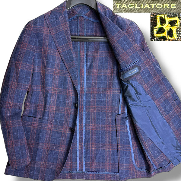 J7419 美品 タリアトーレ 1SMC26K シルクリネン チェック柄サマージャケット ネイビー 48 TAGLIATORE