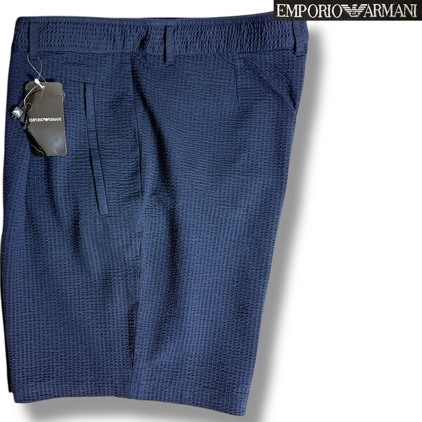 J4033 新品 エンポリオアルマーニ 黒タグ シアサッカーショーツ バミューダパンツ ネイビー 48 EMPORIO ARMANI