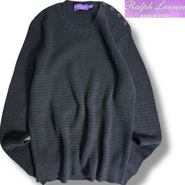 J6137 未使用 ラルフローレンパープルレーベル リネンコットン 肩ボタン サマーニット ブラック M(L相当) RALPH LAUREN PURPLE LABEL