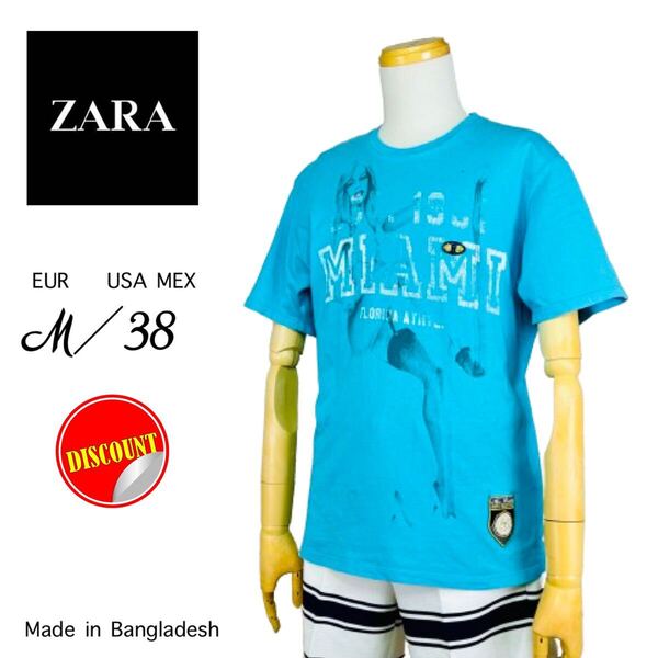 【ZARA★送料込み即決価格!!】ザラ メンズ スカイブルー ヴィンテージ調ロゴ セクシープリント ワッペン付き USAコットン100%Tシャツ M-38