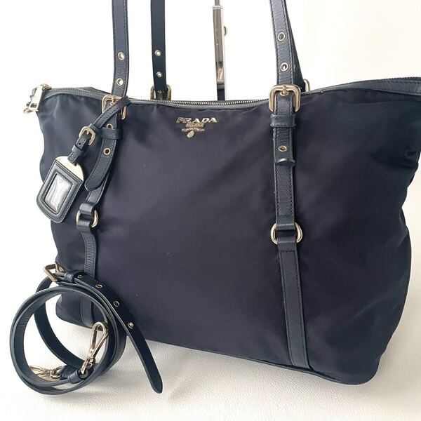 高級*プラダ PRADA トートバッグ ショルダーバッグ 2way ナイロン ネイビー ロゴプレート肩がけ 大容量 A4 バッグ 通勤かばん 肩掛け