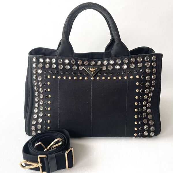 高級*プラダ PRADA カナパ ハンドバッグ 2way ショルダーバッグ 三角ロゴ トライアングル ビジュー 黒 ブラック トートバッグ キャンバス