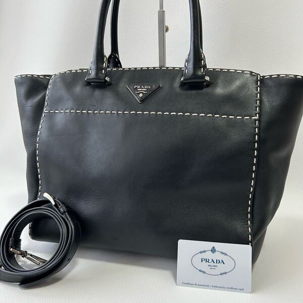 高級*プラダ PRADA ハンドバッグ ショルダーバッグ 2way ステッチ レザー ブラック 黒 大容量 三角ロゴ トライアングル