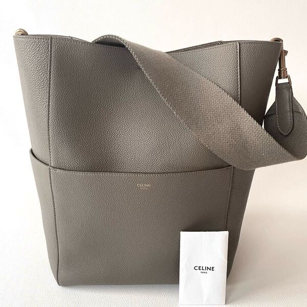現行ロゴ*セリーヌ CELINE サングル バケット ミディアム ショルダーバッグ ワンショルダー レザー トープ グレージュ