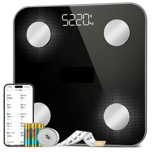体重計 スマホ連動 体組成計 ヘルスメーター Bluetooth アプリ 健康管理 体調管理 ダイエット 心拍数 体脂肪 電池式 データ同期 ブラック