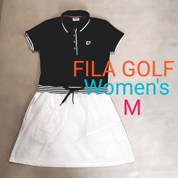 【超美品】FILA GOLF フィラゴルフ レディースM ゴルフウェア ワンピース 半袖ワンピース ゴルフコーディネート ブラック ホワイト