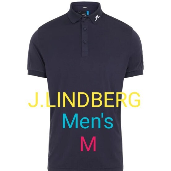 【超美品】J.LINDBERG ジェイリンドバーグ メンズM 半袖ポロシャツ ゴルフポロシャツ ゴルフシャツ ロゴ ネイビー ゴルフウェア