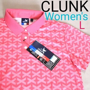 【新品】CLUNK クランク レディースL ゴルフポロシャツ 半袖ポロシャツ ゴルフウェア ゴルフシャツ 総柄 幾何学模様 ピンク