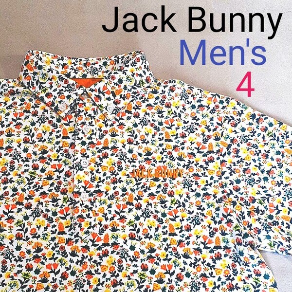 【超美品】Jack Bunny ジャックバニー PEARLYGATES パーリーゲイツ メンズ4 M相当 ゴルフウェア ゴルフポロシャツ 総柄 ロゴ刺繍 花柄