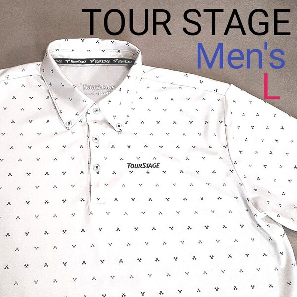 【美品】TOUR STAGE ツアーステージ メンズL 半袖ゴルフポロシャツ ボタンダウン ゴルフウェア 半袖ポロシャツ 総柄 ゴルフシャツ