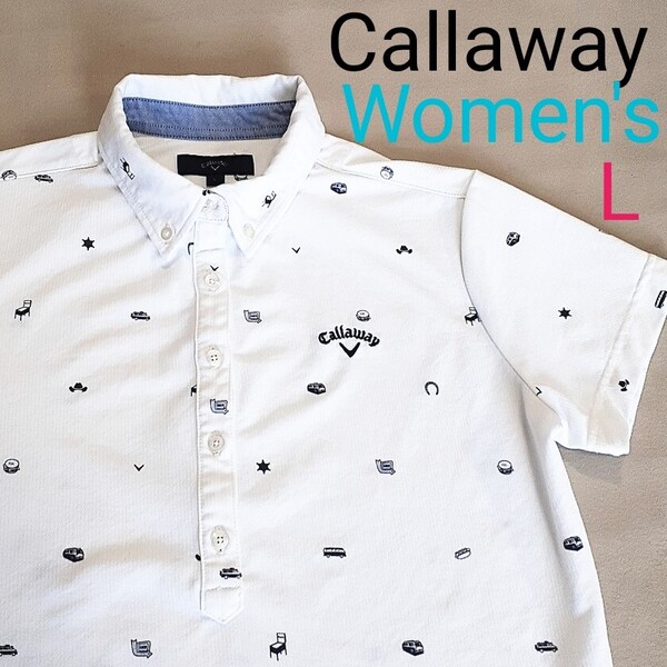 【超美品】Callaway キャロウェイ レディースL 半袖ポロシャツ ゴルフポロシャツ 半袖ボタンダウンポロシャツ 総柄 ロゴ刺繍