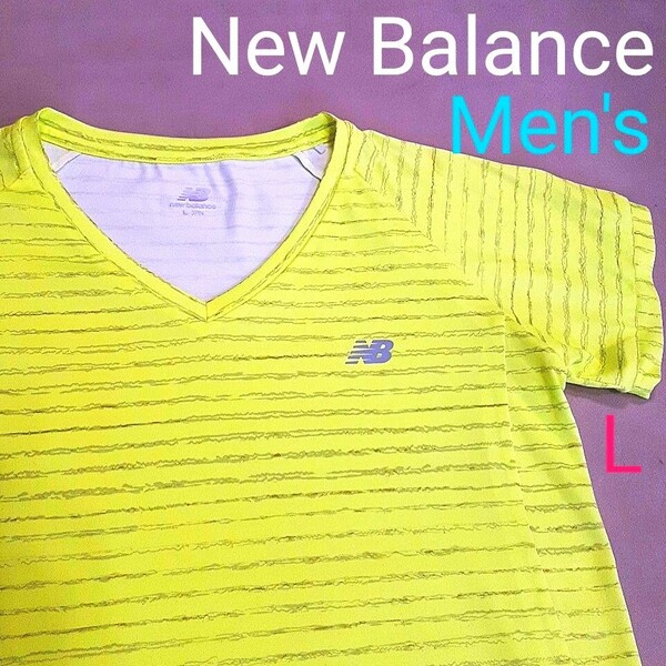 【超美品】New Balance ニューバランス メンズL ランニング ジョギング マラソン スポーツウェア 半袖Tシャツ 蛍光イエロー