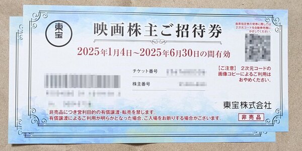 東宝株主優待券 映画鑑賞券2枚 本年6月30日まで 送料込