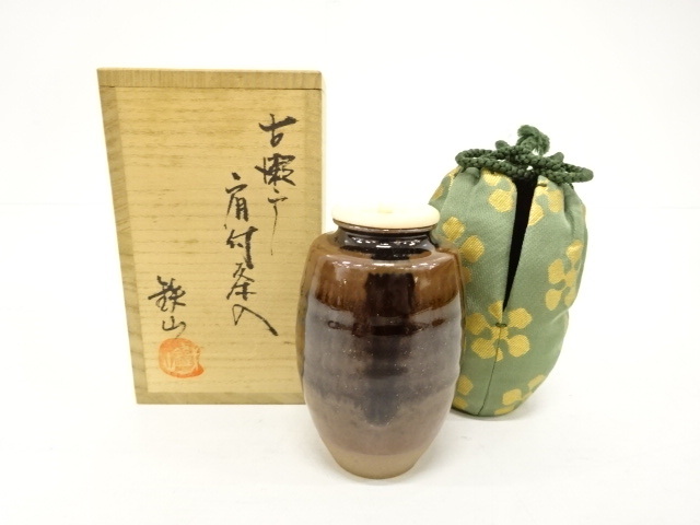 茶道具 黄瀬戸耳付 茶入 松本鐵山造 共箱