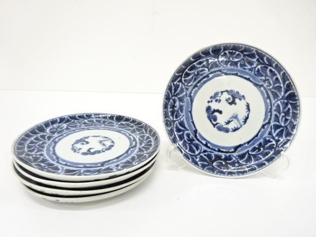 古伊万里染付萩唐草水辺風景文輪花皿 d18.4cm Imari Blue and