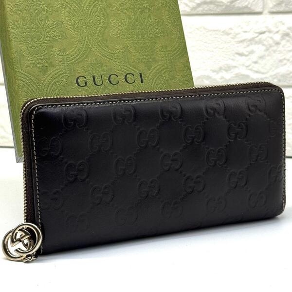 良品 グッチ GUCCI シマ インターロッキング 財布 ウォレット ユニセックス レザー ラウンドファスナー ラウンドジップ GG ブラウン 212110