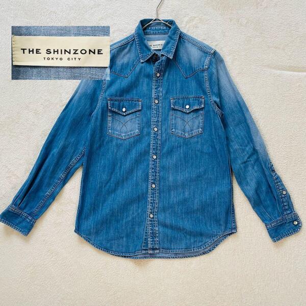 【美品】THE SHINZONE ザシンゾーン デニムシャツ ウォッシュ加工 長袖 ウエスタン 36サイズ S〜M相当 綿 日本製