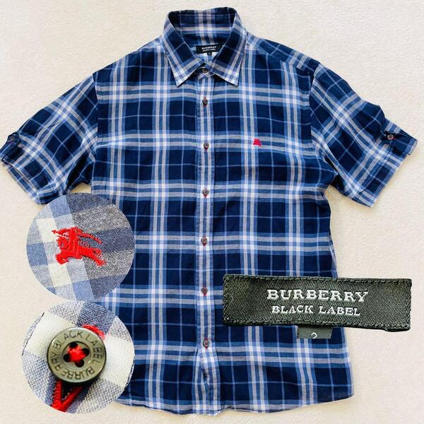 【上質コットン素材】BURBERRY BLACK LABEL バーバリーブラックレーベル チェック柄 半袖シャツ 胸ロゴ刺繍 綿100% ボタンロゴ Mサイズ