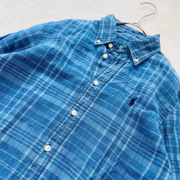 【人気リネン生地 麻】POLO RALPH LAUREN ラルフローレン シャツ チェック柄 ボタンダウン 長袖 メンズ ブルー系 M L ポニー刺繍 定番