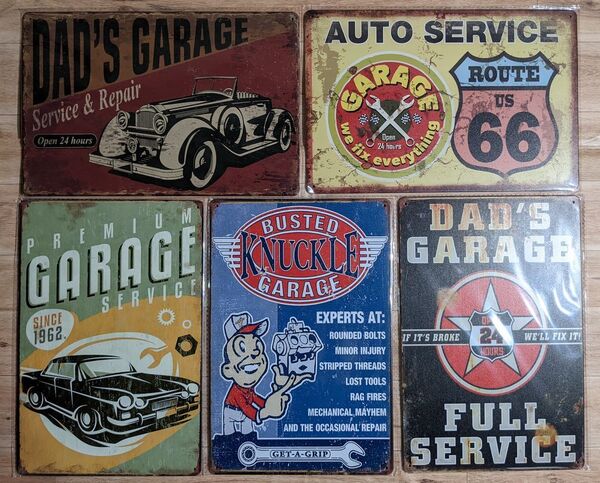 ブリキ看板 5枚 ☆ ガレージ DAD'S GARAGE アメ車 ルート66 AUTO SERVICE メタルプレート