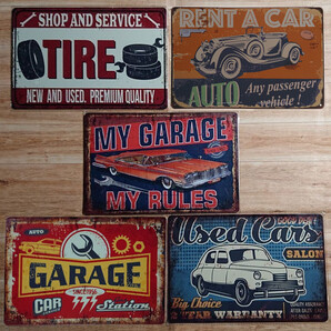 ブリキ看板 5枚 ☆ ガレージ My GARAGE 中古車 CAR STATION タイヤショップ メタルプレート