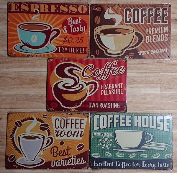 ブリキ看板 5枚 ☆ COFFEE コーヒー 喫茶店 エスプレッソ 喫茶店 カップ&ソーサー メタルプレート