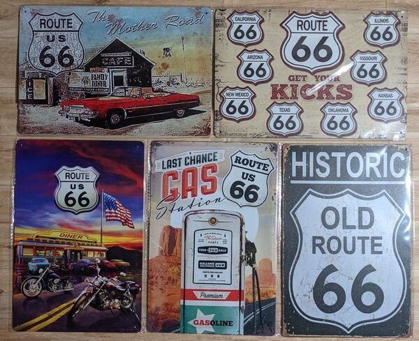 ブリキ看板 5枚 ☆ ルート66 ROUTE66 給油所 モーターサイクル 星条旗 アメ車 DINNER メタルプレート