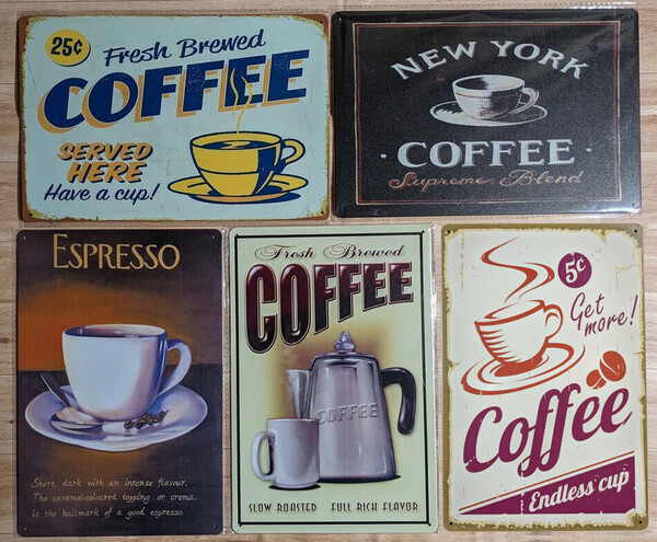 ブリキ看板 5枚 ☆ 喫茶店 コーヒー 珈琲 COFFEE エスプレッソ NEW YORK ENDLESS CUP メタルプレート