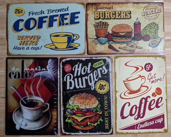 ブリキ看板 5枚 ☆ ハンバーガー ホットドッグ コーヒー COFFEE 喫茶店 ファストフード CAFE HOT DOGS メタルプレート