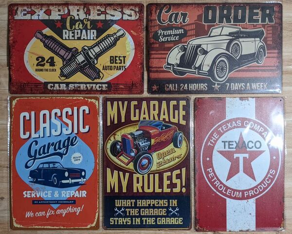 ブリキ看板 5枚 ☆ ガレージ CLASSIC GARAGE スパークプラグ レトロカー CAR ORDER TEXACO メタルプレート