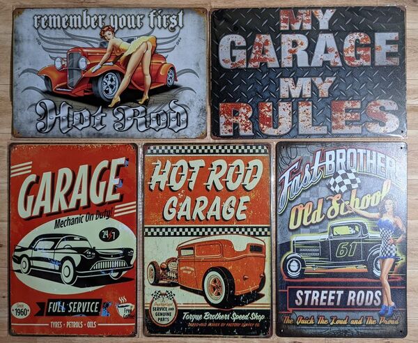 ブリキ看板 5枚 ☆ ガレージ HOT ROD GARAGE アメ車 レトロカー フルサービス メタルプレート