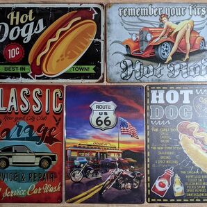 ブリキ看板 5枚 ☆ ホットドッグ ガレージ HOT DOGS ルート66 モーターサイクル アメ車 ピンナップガール メタルプレート、