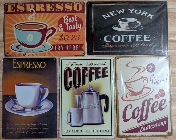 ブリキ看板 5枚 ☆ 珈琲 コーヒー COFFEE エスプレッソ NEW YORK 喫茶店 メタルプレート